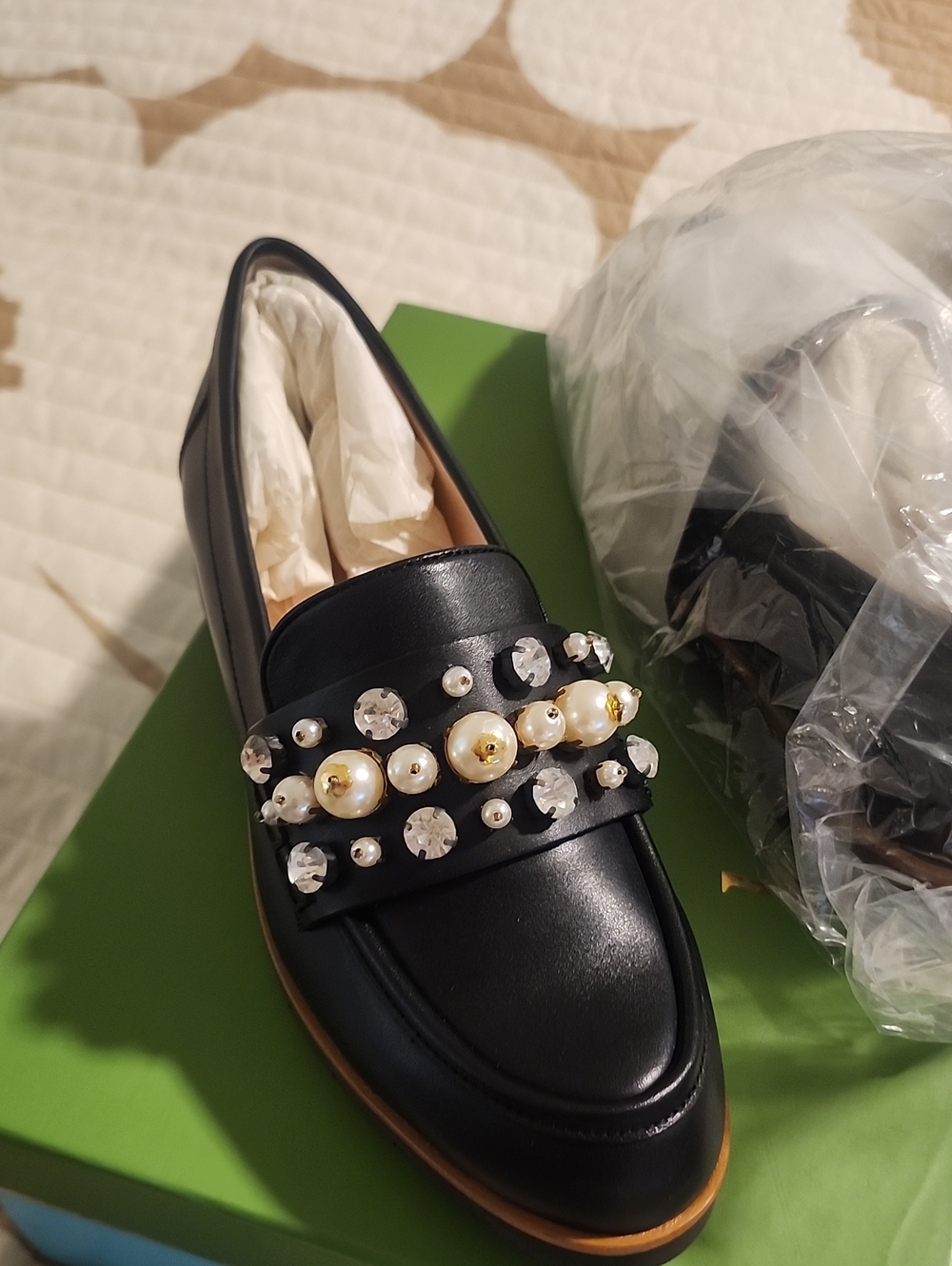 kate spade Black Pearl & Crystal Embellished Loafers